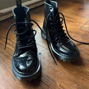 Doc Martens Luana Shiny Black Glitter Combat Boots 6